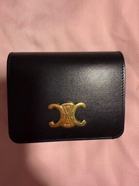 Celine Black Leather Wallet with Gold Triomphe Emblem
